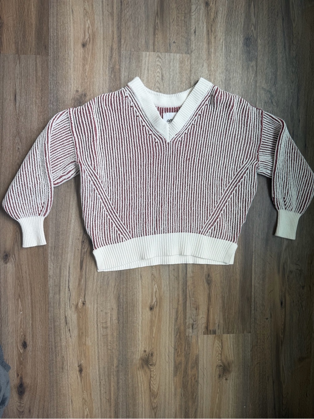 aerie Cream & Burgundy Striped V-Neck Sweater